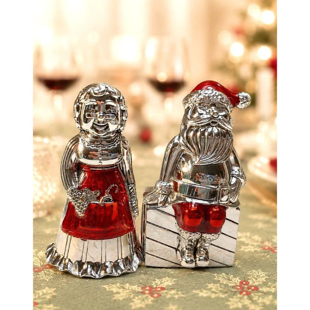 Brilliant Silver Plated Bright Red Salt & Pepper Shakers, Mr &Mrs Clause, New